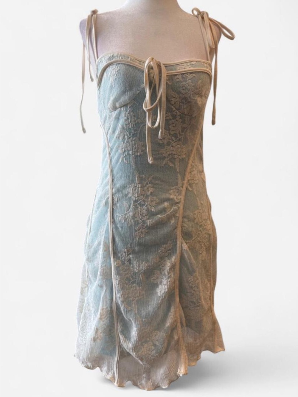 Cider Pale Blue Lace-Trim Tie-Shoulder Mini Dress